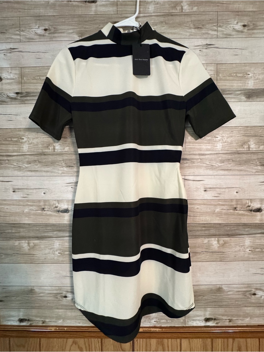 J.O.A. Striped Mock Neck Mini Dress in Ivory, Black, and Olive